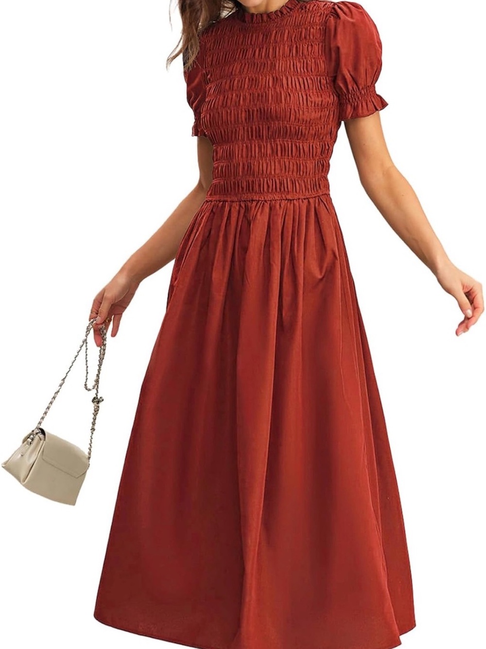 Red Puffed Sleeve Shirred A-
Line Midi Dress - Picture 5 of 7
